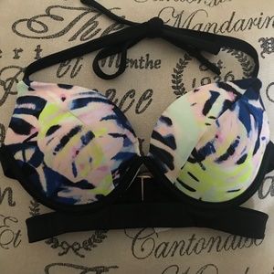 Victoria's Secret banded BIKINI DIFFUSED PALM blue yellow pink neon M
